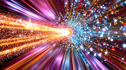 Obraz premium vibrant explosion of colorful lights and particles creates dynamic, energetic scene, resembling cosmic event or futuristic display. bright, radiant beams form captivating spectacle