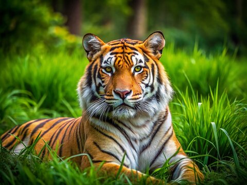 Majestic tigeress resting in lush green grass, showcasing her beautiful fur and fierce gaze