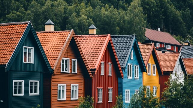 A row of colorful wooden houses in Tromso. The buildings have red roof tiles and feature different colors for the walls, creating an eye-catching contrast against the green trees on both sides. 