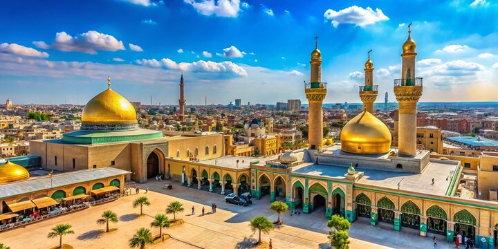 Majestic View of Karbala's Historical Landmarks and Scenic Landscape Under Blue Sky in Iraq
