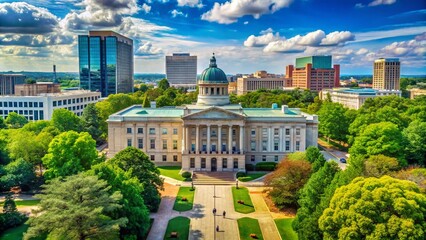 Obraz premium Majestic View of the Raleigh Capital Building Surrounded by Lush Green Trees and Blue Sky