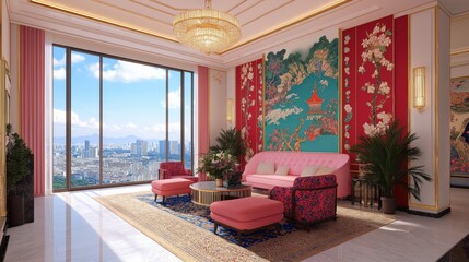 Elegant spring-inspired living room with vibrant décor and panoramic city views