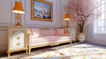 Elegant spring-themed interior with retro decor and blossom accents