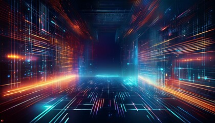 Fototapeta premium High-tech digital matrix background with layered transparent grids, luminous numbers, and holographic effects, glowing softly against a dark backdrop