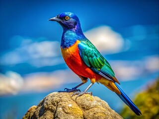 Fototapeta premium Majestic Zamuro Bird Perched on a Rock Against a Clear Blue Sky in Its Natural Habitat
