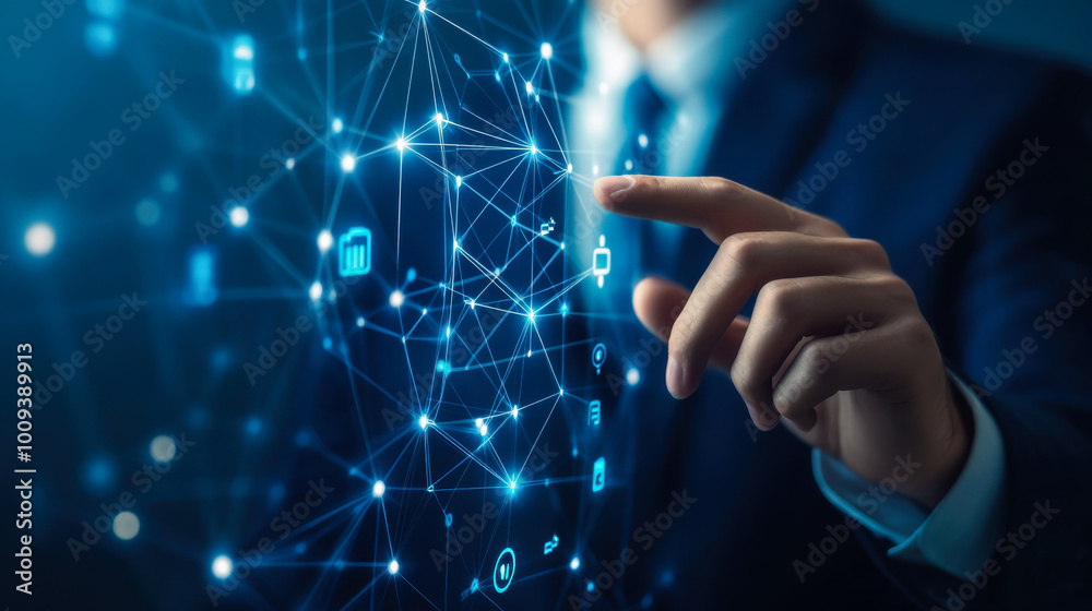 Poster a business professional interacts with a digital network display projecting data connections and tec
