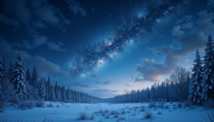Obraz premium Winter landscape with starry sky at twilight over a snowy field and pine forest