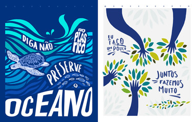 Conscientização ambiental, ecológico, meio ambiente, preservação, lixo, plástico, natural, reciclagem, natureza, árvore, oceano, banner, ilustração, arte, tartaruga marinha, juntos, mutirão