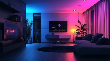 Vibrant and Moody Modern Home Entertainment Room with Neon Lights