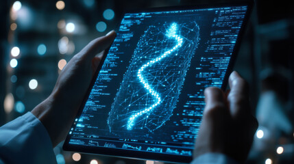 A scientist analyzes a DNA strand on a digital tablet in a modern research laboratory at night