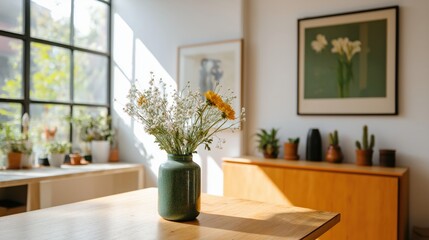 Modern decorative setup with sunlit interior and floral arrangement for spring vibes