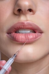 A close-up of a cosmetic procedure with a syringe being used for lip enhancement on a woman's lips. Generative AI