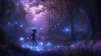 Fototapeta premium A mystical scene featuring an alien figure in a glowing forest with ethereal lights.