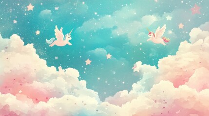 Whimsical Cloudy Sky with Floating Angel Figures and Twinkling Stars