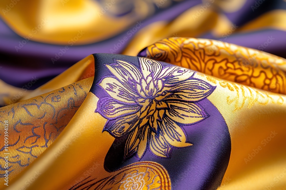 Poster a hyper-realistic close-up of a piece of thai silk, showing every intricate thread, pattern, and tex