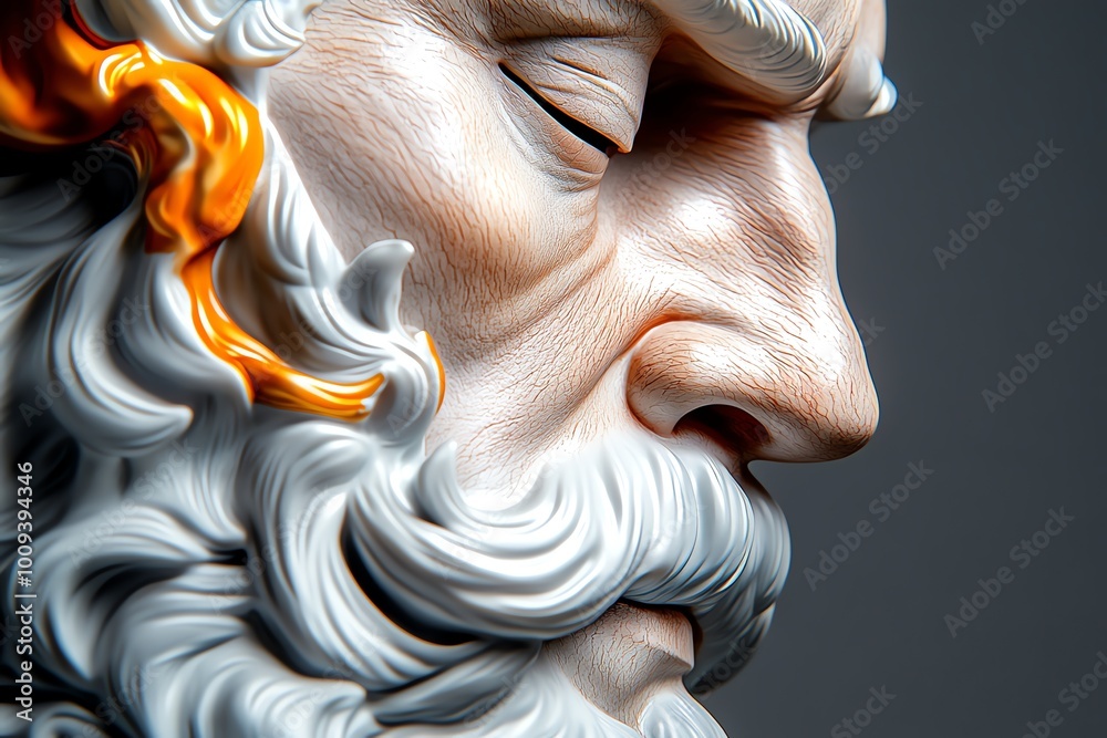 Poster A hyper-realistic close-up of a stoic thinkerâ€™s face, showing deep contemplation and serenity, with every detail of the skin and expression captured in lifelike clarity