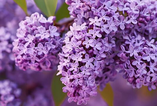 A flowering purple lilac branch that blossomed in garden in spring. Beautiful background