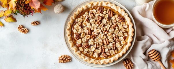 Honey and nut pie on a neutral background with autumn flowers in the arrangement and copy space. Festive banner for Thanksgiving dessert concept.