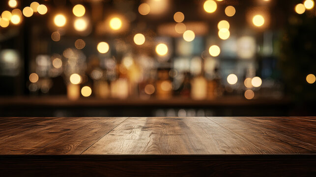 Warmly lit bar interior with wooden tabletop showcasing soft glowing lights in the evening ambiance