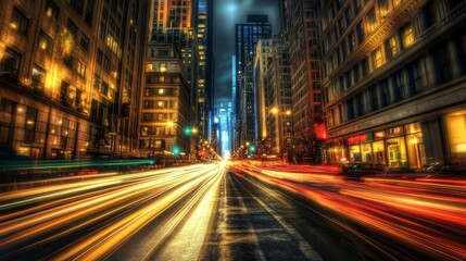 Nighttime Cityscape with Moving Lights and Buildings