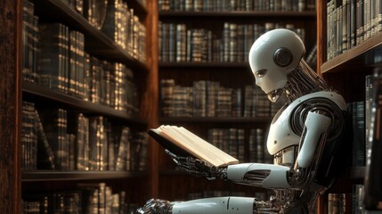 Fototapeta premium A humanoid robot reading a book in a quiet library, surrounded by shelves of ancient and modern books