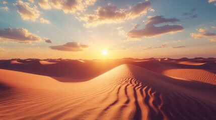 A stunning desert landscape with rolling sand dunes, the sun setting on the horizon casting long shadows, emphasizing the vastness and tranquility of the environment