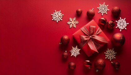 Winter banner and layout, gift and toys snowflakes scattered on bright background, space for text. Christmas, holiday and greetings concept