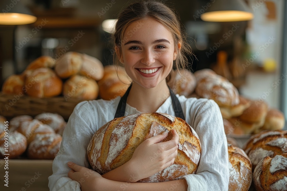 Wall mural female baker with fresh bread, generative ai