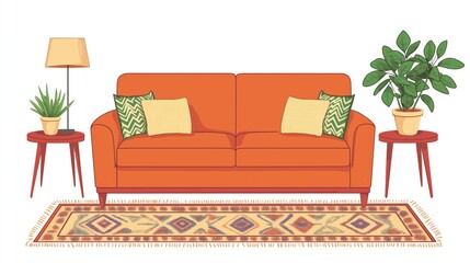 Modern retro living room design with orange sofa and green accents