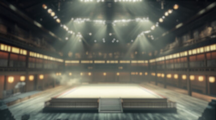 blurred interior of empty japanese sumo wrestling arena  