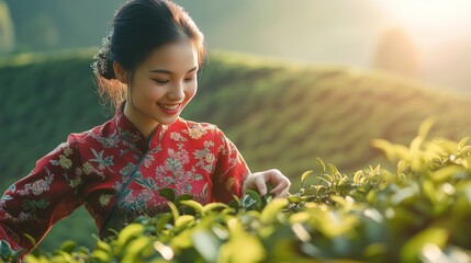 Naklejka premium A young woman in traditional Chinese clothing smiles as she picks tea leaves in a tea plantation.