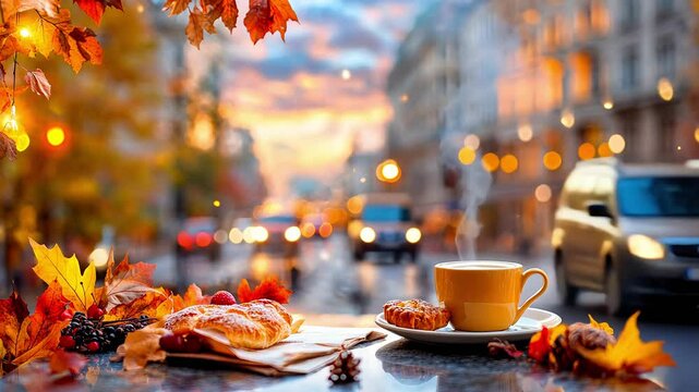 Festive Coffee Cup on Outdoor Table with Holiday Lights in Winter Cityscape Background