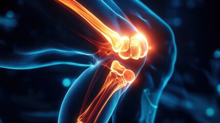 3D-rendered knee joint with muscles, tendons, and bones glowing orange, highlighting knee pain from arthritis or ligament injury.