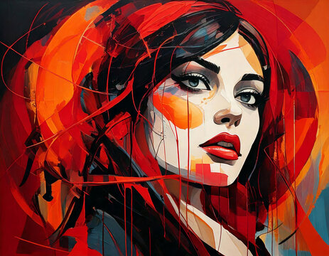 &OElig;uvre num&eacute;rique, toile  repr&eacute;sentant une femme espagnole, peinture rouge et noir, art abstrait