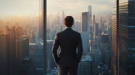 A businessman in a suit standing at a window in a modern skyscraper, looking out over a bustling cityscape, representing ambition and success in the corporate world