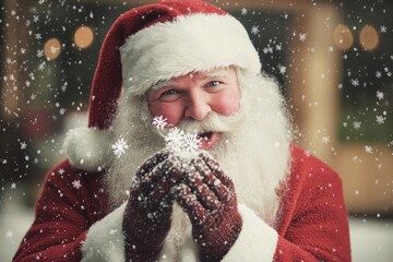 A joyous Santa Claus captures the magic of winter, playfully catching falling snowflakes in his gloved hands while celebrating the spirit of Christmas in a cozy, festive environment