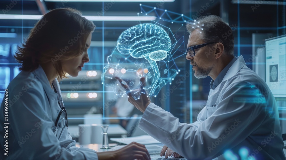 Poster A man and a woman are looking at a computer screen with a brain image