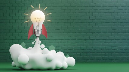 Light bulb taking off like a rocket, startup and business concept, brick wall background.