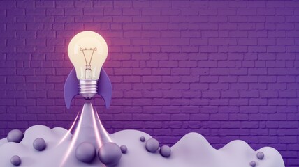 Light bulb taking off like a rocket, startup and business concept, brick wall background.