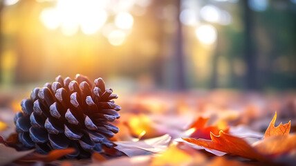Fototapeta premium high angle shot of pinecone resting on bed of colorful autumn leaves, illuminated by warm sunlight. scene captures essence of fall, evoking sense of tranquility and natural beauty