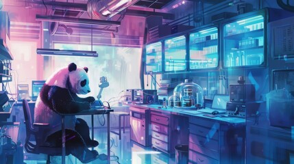 A panda is sitting at a desk in a lab