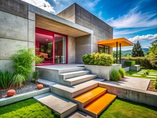 Fototapeta premium Modern Entrance with Floating Concrete Steps Leading to a Minimalist Outdoor Space and Garden