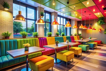 Modern Fast Food Restaurant Interior with Colorful D&eacute;cor, Comfortable Seating, and Bright Lighting