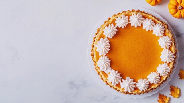 Pumpkin pie with whipped cream on gray background, top view with copy space. Holiday cake suitable for banner design in the food and drink industry.