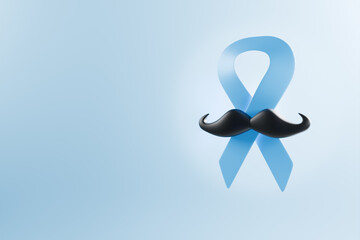 Blue ribbon with a mustache, symbolizing November, promoting mens health awareness. 3d rendering