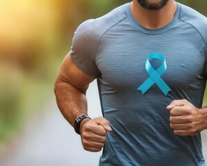 Early morning jogger with a blue ribbon pinned to his shirt, raising awareness for prostate cancer, Prostate cancer awareness run, Health awareness in action