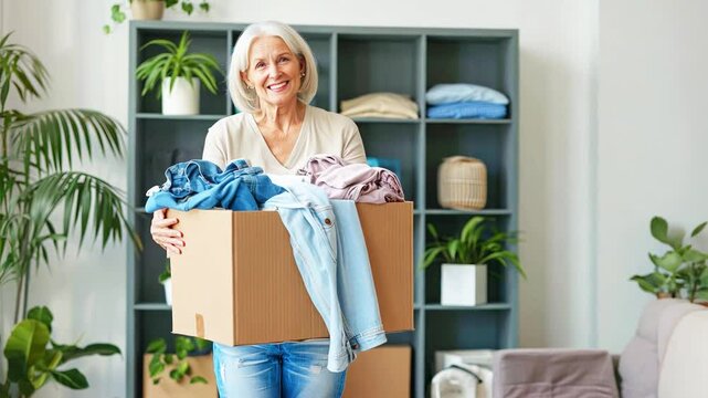 Cheerful elderly woman packing clothes in box for decluttering and moving, tidying up cozy home interior