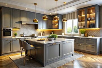 Obraz premium Modern Grey and Gold Kitchen Design Featuring Sleek Cabinets and Elegant Accents for Contemporary Living
