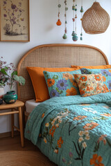 interior design photography, modern boho style living room with arched wicker headboard bed and vibrant color accents, green yellow blue purple orange, wooden floorboards, white walls
