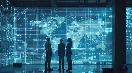 Three people standing in front of a large screen with a blue background.